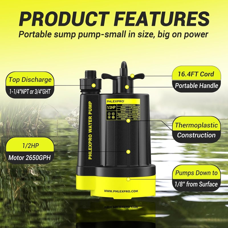 PHLEX PRO Sump Pump 1/2HP Submersible Water Pump, 2650GPH Utility Pump Thermoplastic Electric Portable Transfer Water Pump for Swimming Pool Garden Pond Basement with 16.4ft Long Power Cord - Image 3